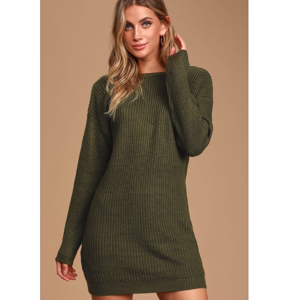 Lulu's Olive Green Backless Sweater Dress